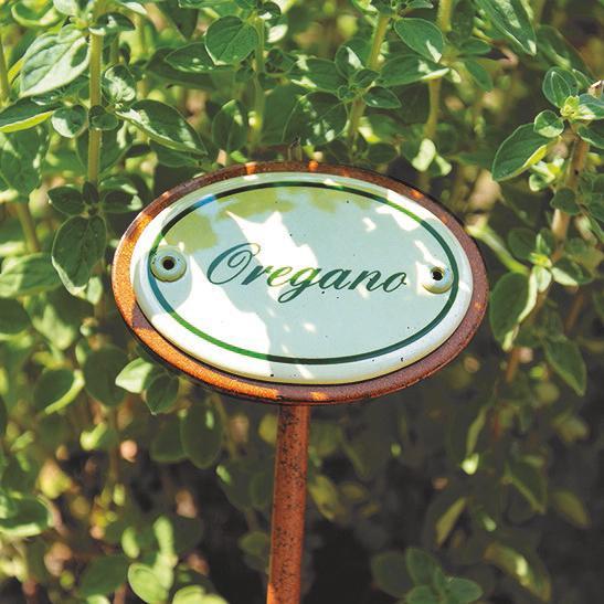 Oval enamel sign, 6 x 4 cm, herb names with ground spike 25 cm