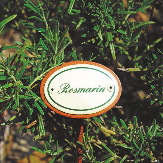 Oval enamel sign, 6 x 4 cm, herb names with ground spike 25 cm