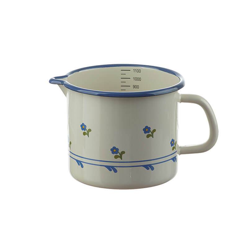 Milk pot 1 liter with scale, cream/blue, flowers