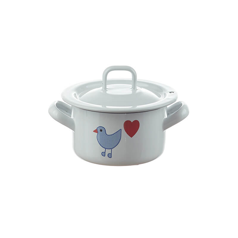 Flat children's pot with lid 9 cm, white/blue, heart bird