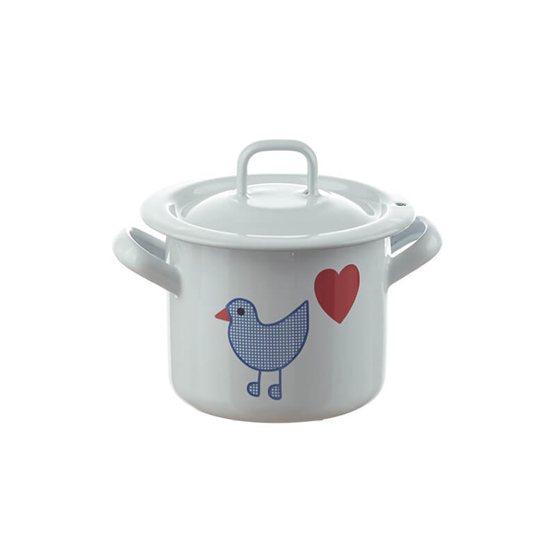 Children's pot high with lid 9 cm, white/blue, heart bird