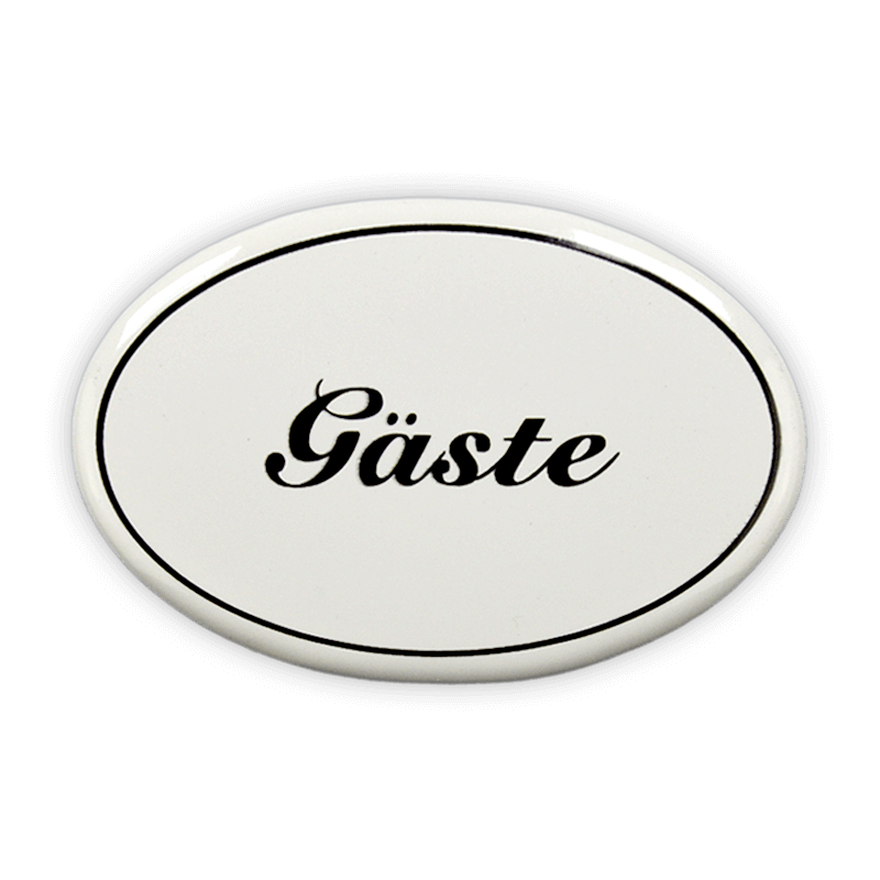 Emailschild oval, 6 x 4 cm, Gäste, zum Kleben