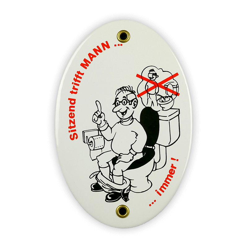 Enamel sign oval, 10 x 15 cm, Sitting MAN always hits