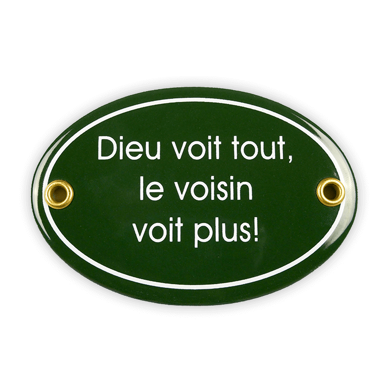 Oval enamel sign, 10.5 x 7 cm, Dieu voit tout