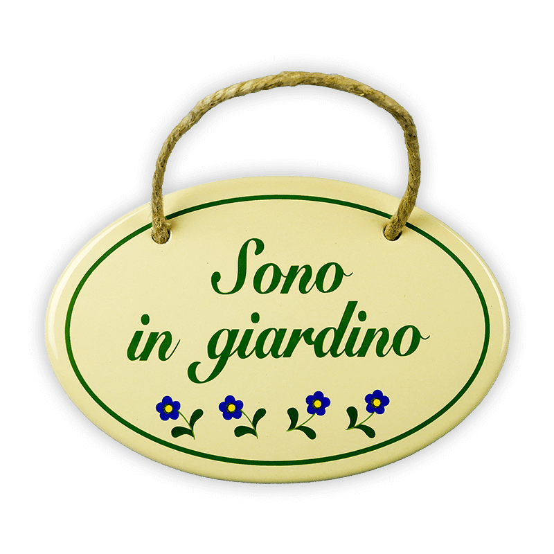 Emailschild oval, 15 x 10 cm, Sono in giardino