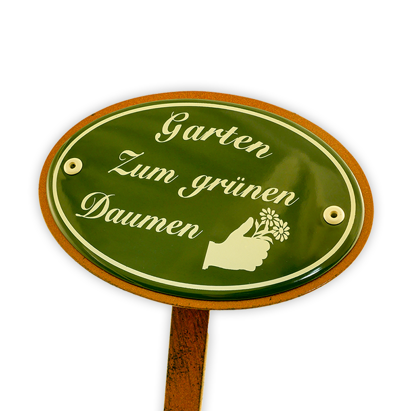Emailschild oval, 15 x 10 cm, Garten Zum grünen Daumen mit Erdspieß 50 cm