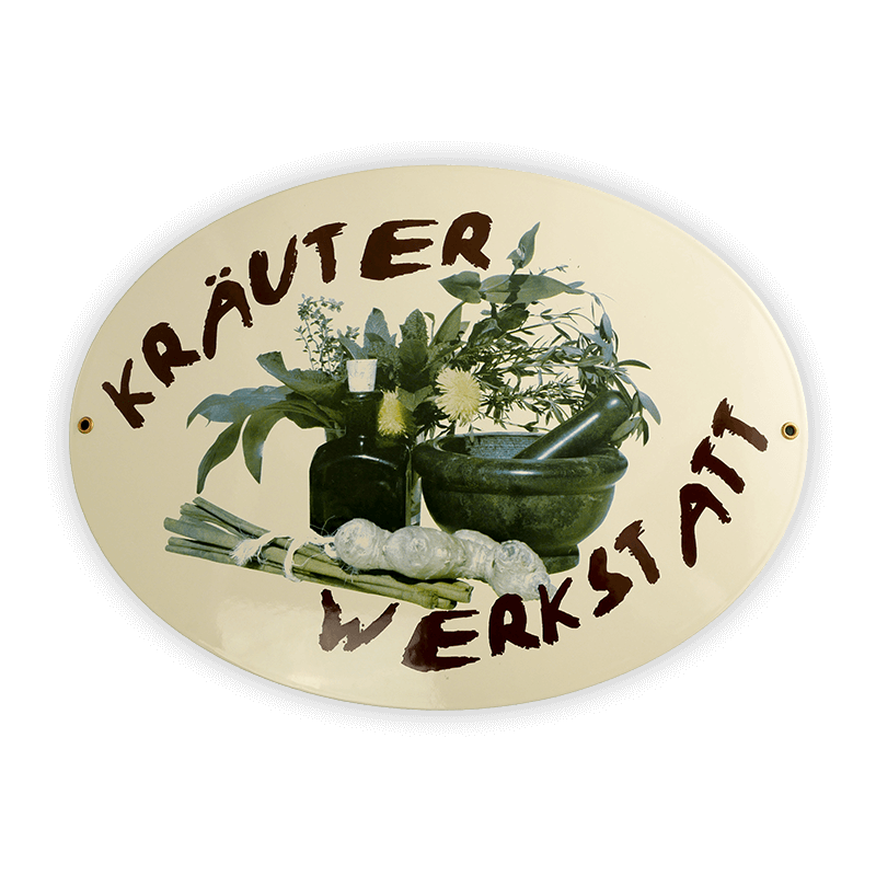 Emailschild oval, Kräuter Werkstatt