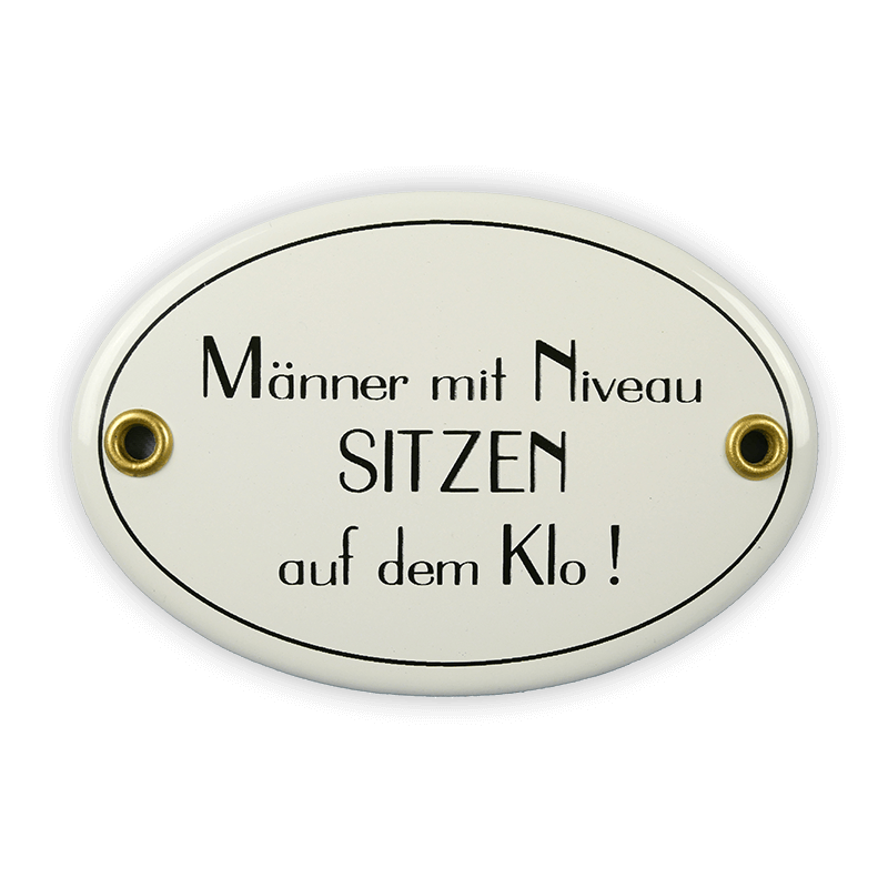 Oval enamel sign, 10.5 x 7 cm, men with standards