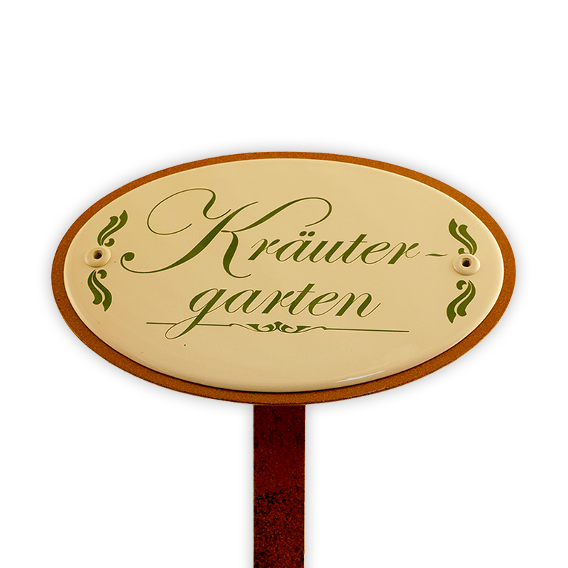 Oval enamel sign, 15 x 10 cm, herb garden with ground spike 50 cm