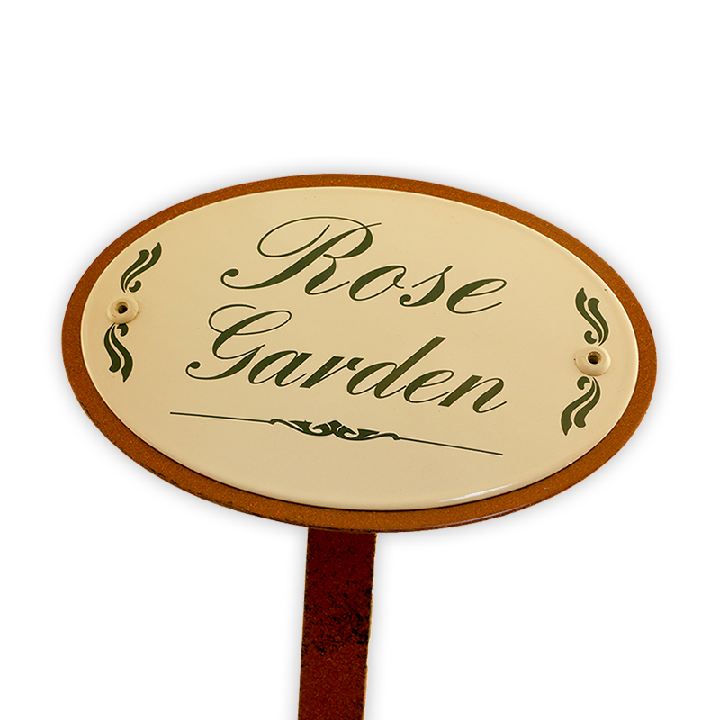 Emailschild oval, 15 x 10 cm, Rose Garden mit Erdspieß 50 cm