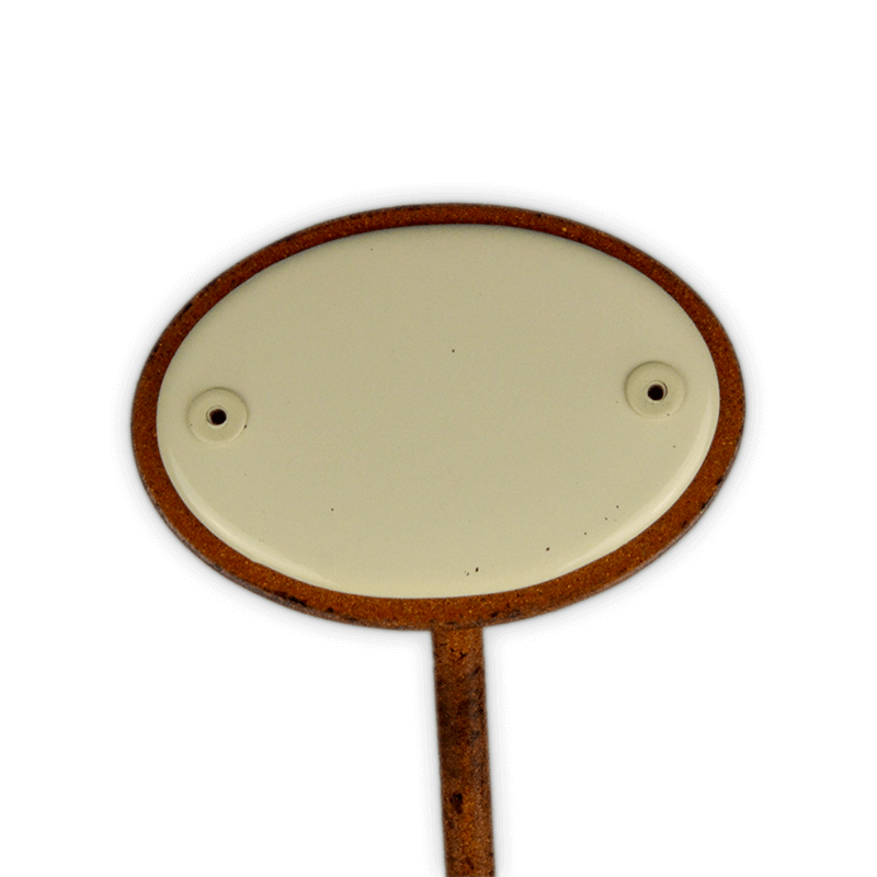 Emailschild oval, 6 x 4 cm, Kräuternamen mit Erdspieß 25 cm