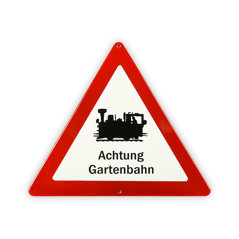 Emailschild Dreieck 25 cm, Achtung Gartenbahn