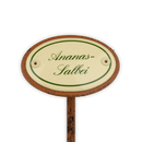 Emailschild oval, 6 x 4 cm, Kräuternamen mit Erdspieß 25 cm