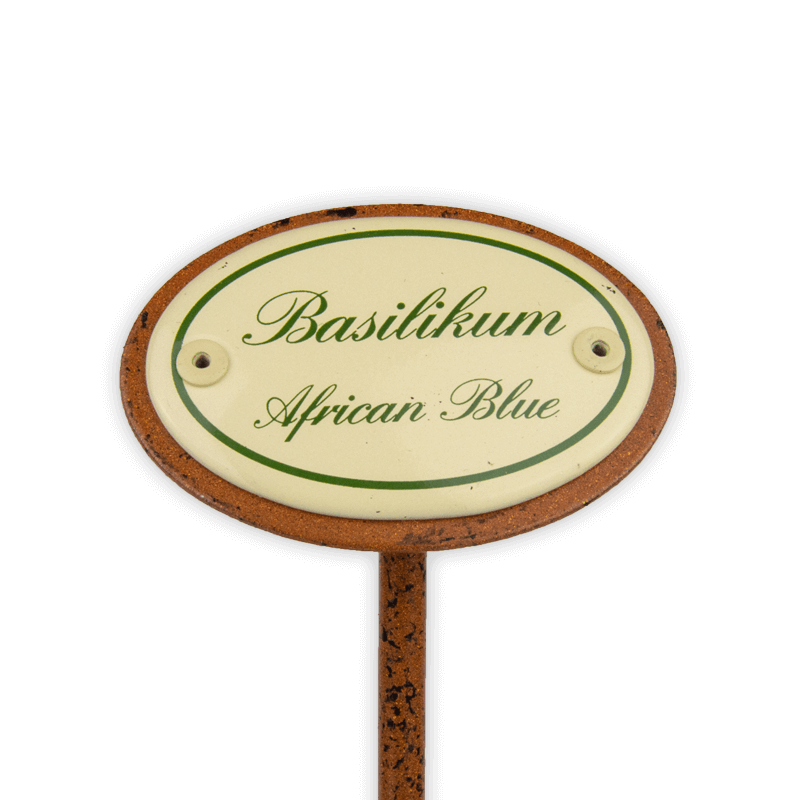 Oval enamel sign, 6 x 4 cm, herb names with ground spike 25 cm