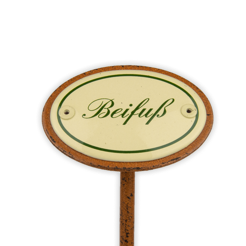 Oval enamel sign, 6 x 4 cm, herb names with ground spike 25 cm