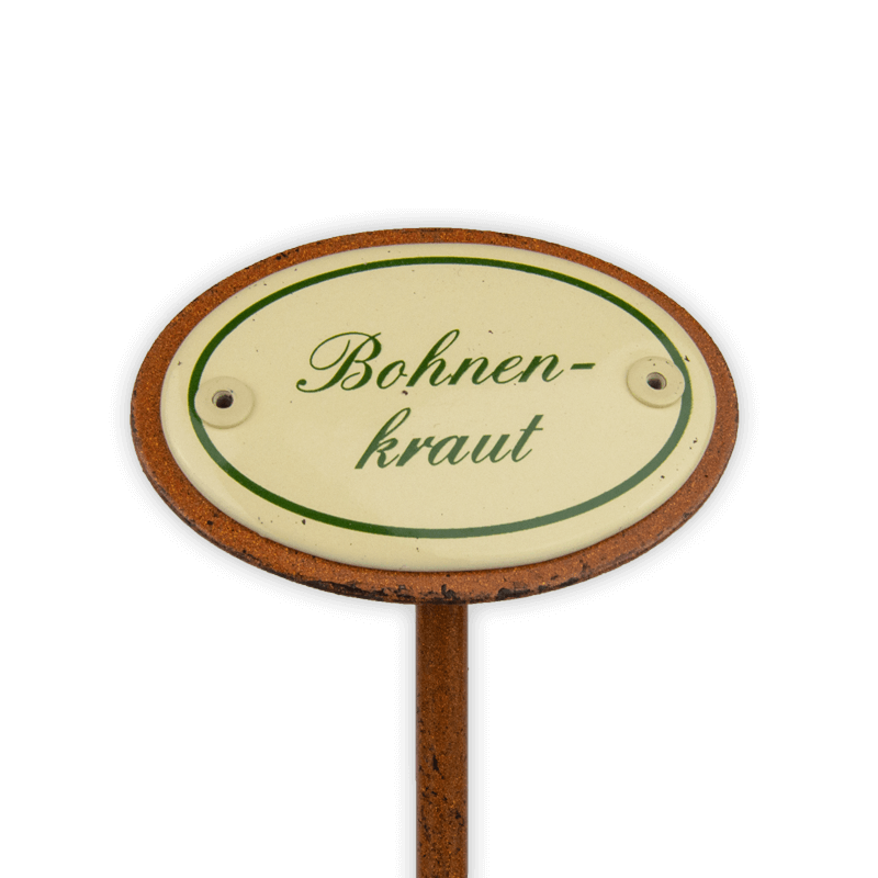 Oval enamel sign, 6 x 4 cm, herb names with ground spike 25 cm