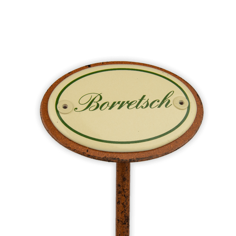 Oval enamel sign, 6 x 4 cm, herb names with ground spike 25 cm