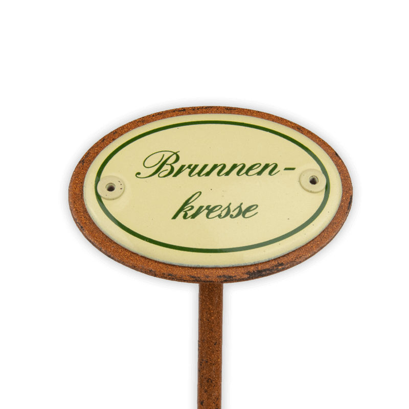 Oval enamel sign, 6 x 4 cm, herb names with ground spike 25 cm