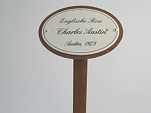 Oval enamel sign, 10.5 x 7 cm, rose name with ground spike 50 cm