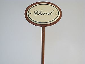Oval enamel sign, 6 x 4 cm, English herb names with ground spike 25 cm