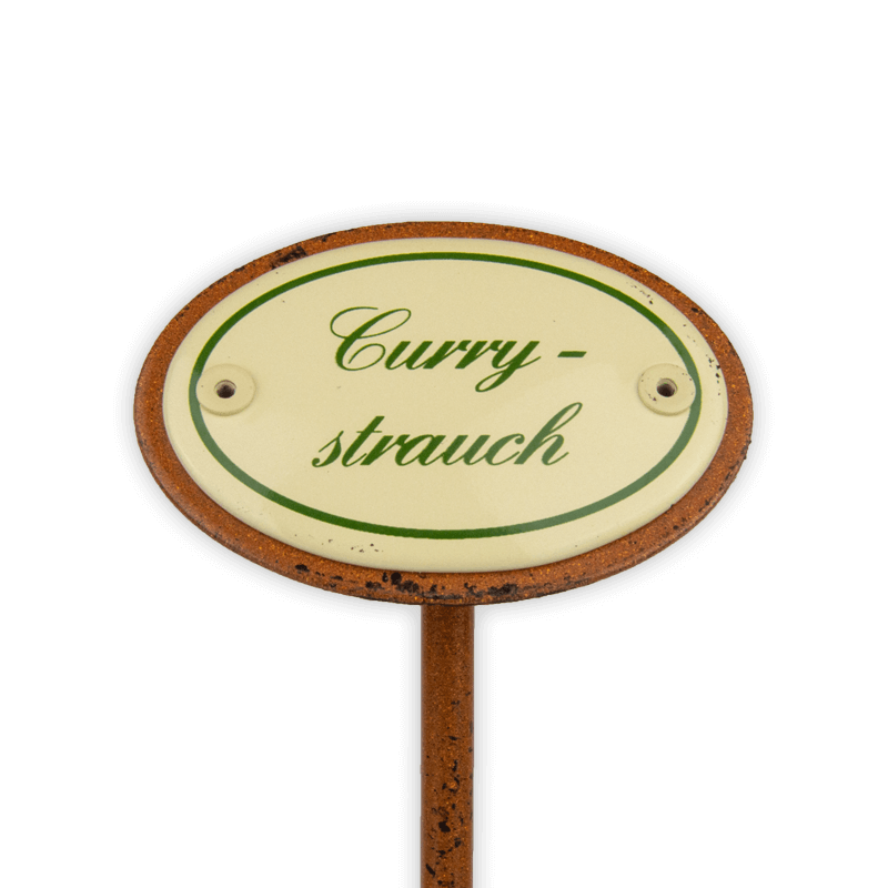 Oval enamel sign, 6 x 4 cm, herb names with ground spike 25 cm