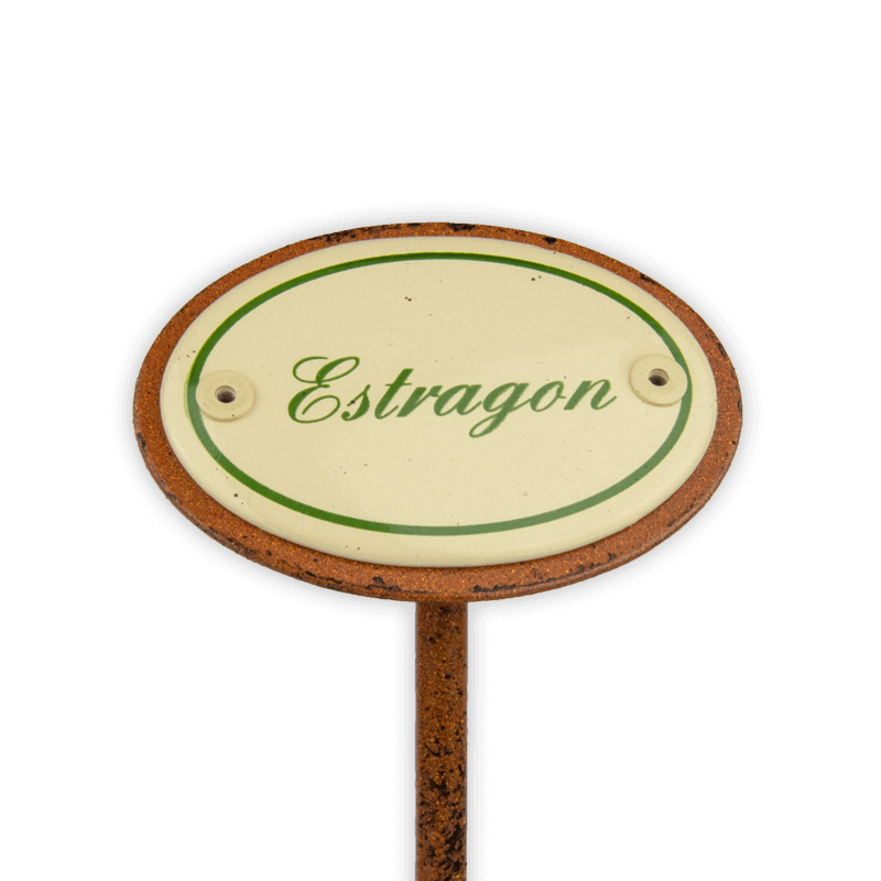 Oval enamel sign, 6 x 4 cm, herb names with ground spike 25 cm