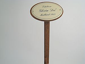 Oval enamel sign, 10.5 x 7 cm, rose name with ground spike 50 cm