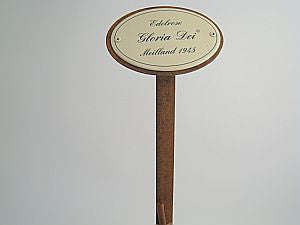 Enamel sign oval, 10.5 x 7 cm, noble roses with ground spike 50cm