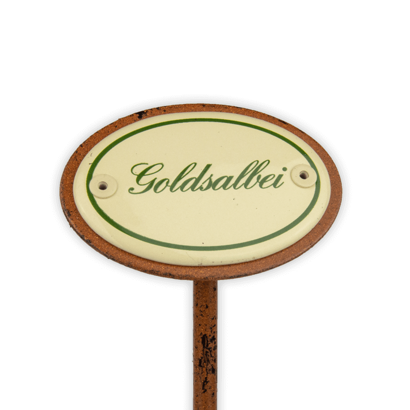 Oval enamel sign, 6 x 4 cm, herb names with ground spike 25 cm