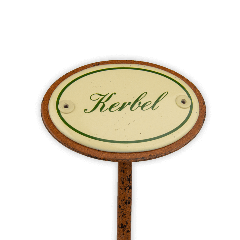 Oval enamel sign, 6 x 4 cm, herb names with ground spike 25 cm