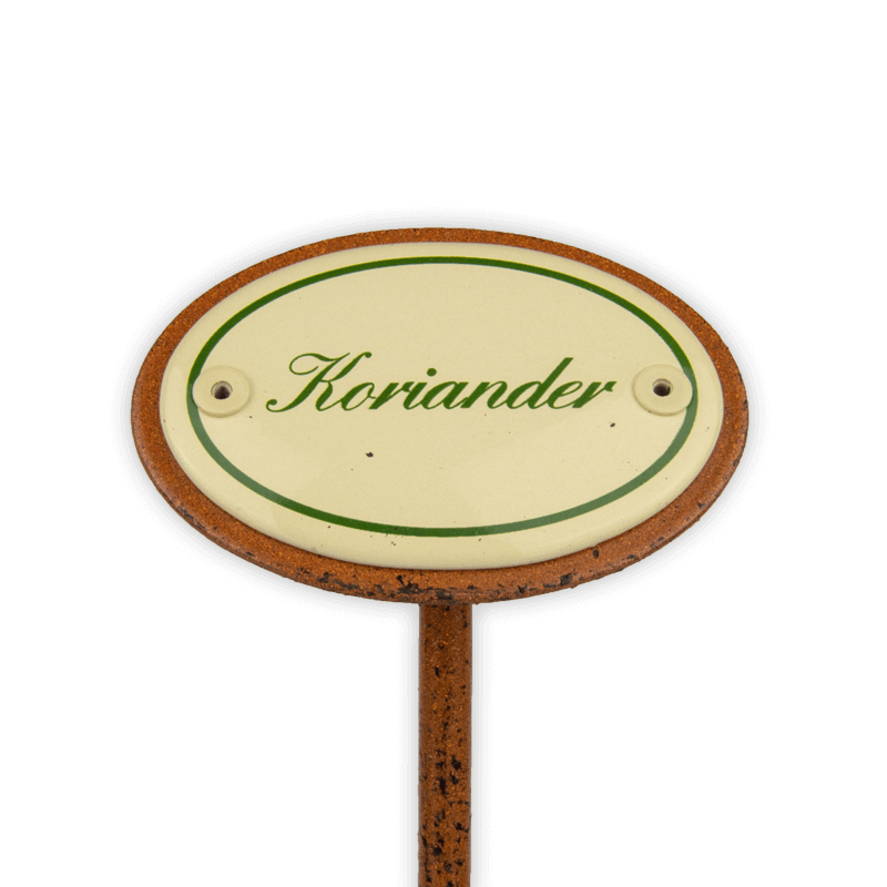 Oval enamel sign, 6 x 4 cm, herb names with ground spike 25 cm