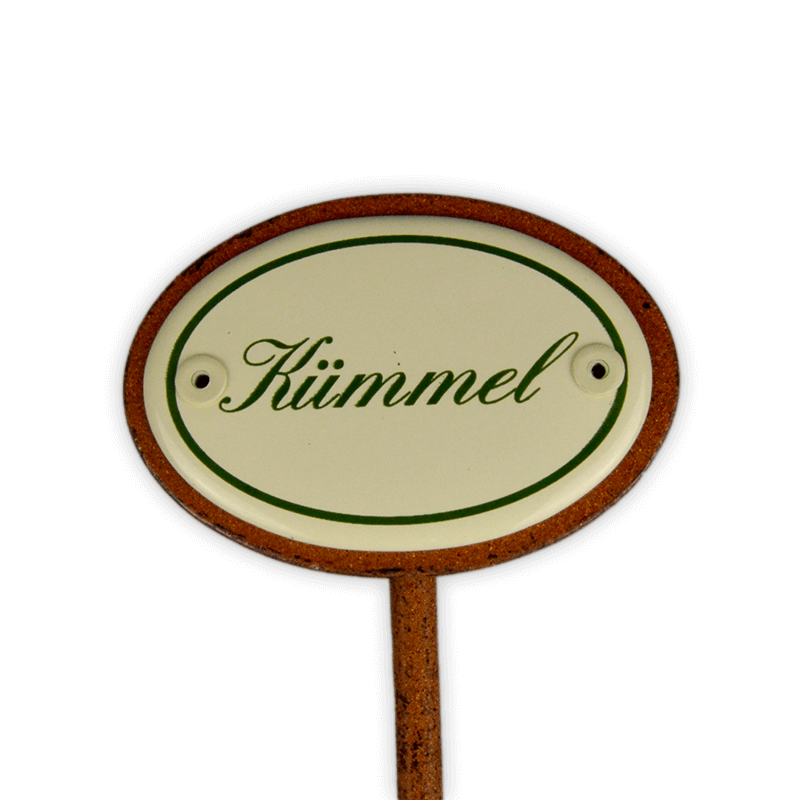 Oval enamel sign, 6 x 4 cm, herb names with ground spike 25 cm