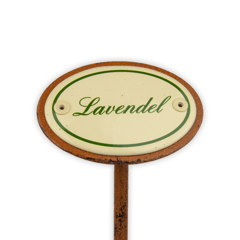 Oval enamel sign, 6 x 4 cm, herb names with ground spike 25 cm