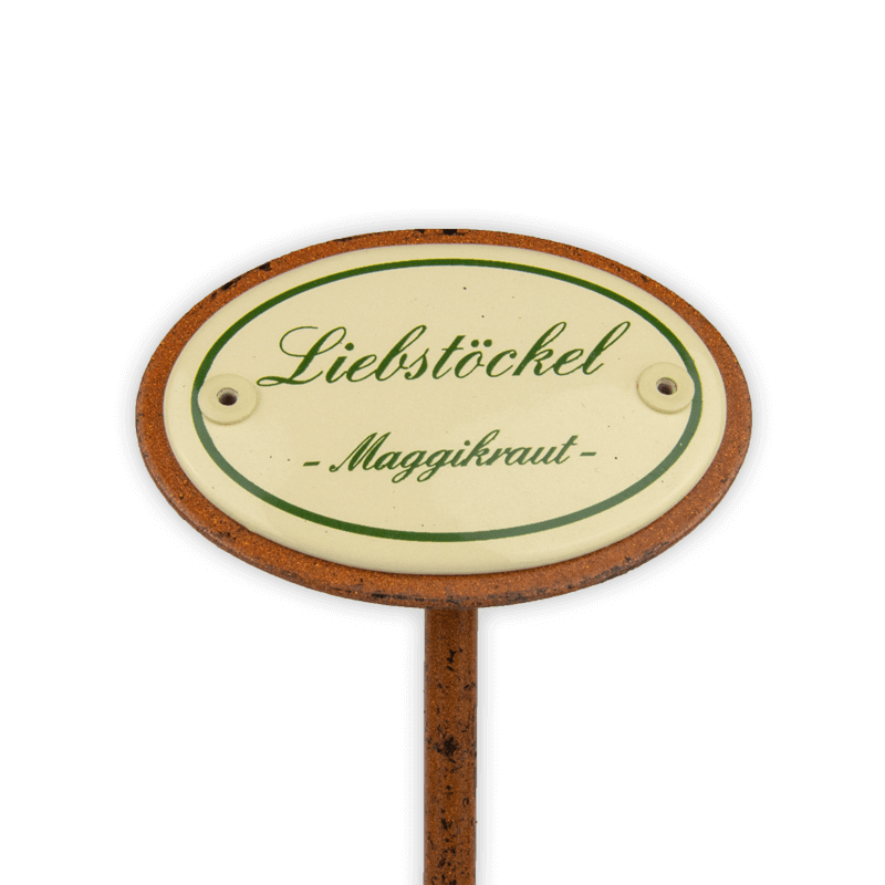 Oval enamel sign, 6 x 4 cm, herb names with ground spike 25 cm