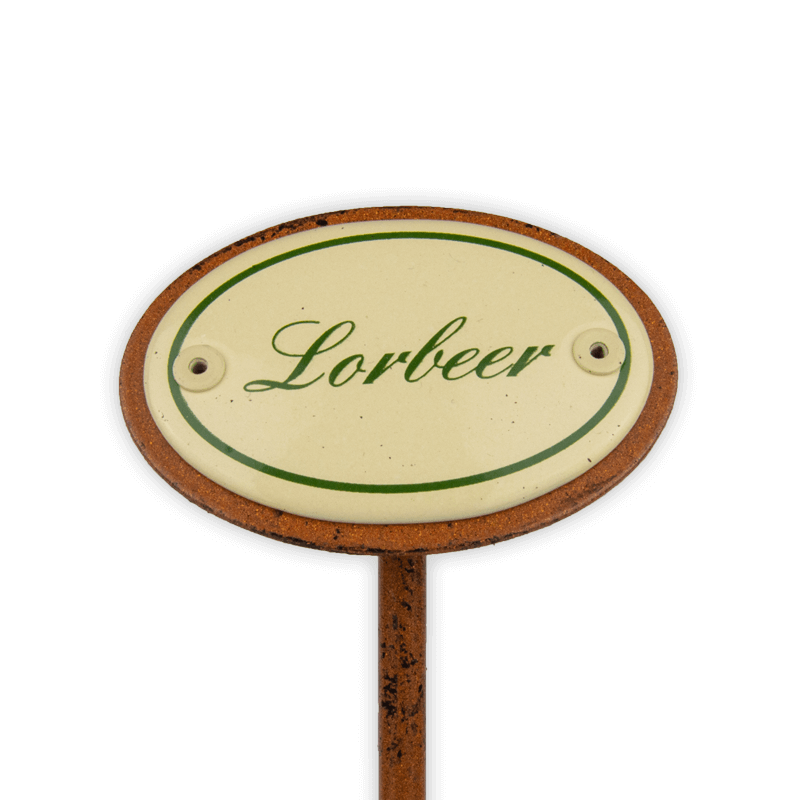 Oval enamel sign, 6 x 4 cm, herb names with ground spike 25 cm