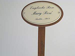 Oval enamel sign, 10.5 x 7 cm, rose name with ground spike 50 cm