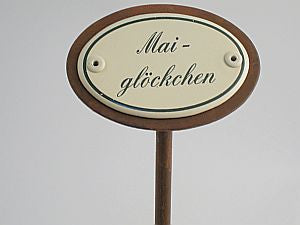 Oval enamel sign, 6 x 4 cm, flower name with ground spike 25 cm