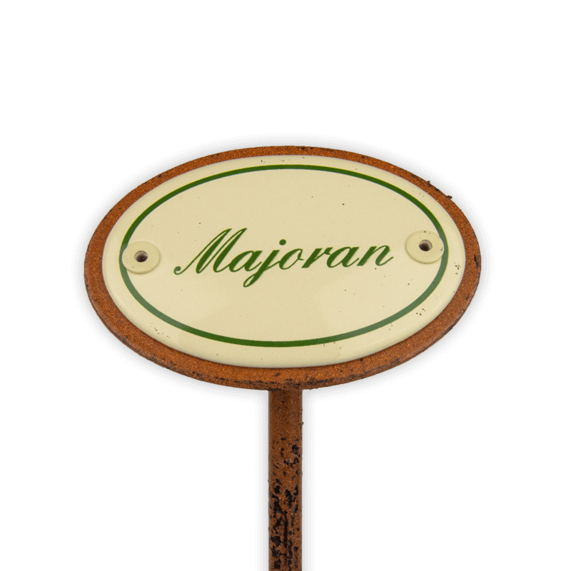 Oval enamel sign, 6 x 4 cm, herb names with ground spike 25 cm