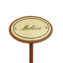 Emailschild oval, 6 x 4 cm, Kräuternamen mit Erdspieß 25 cm
