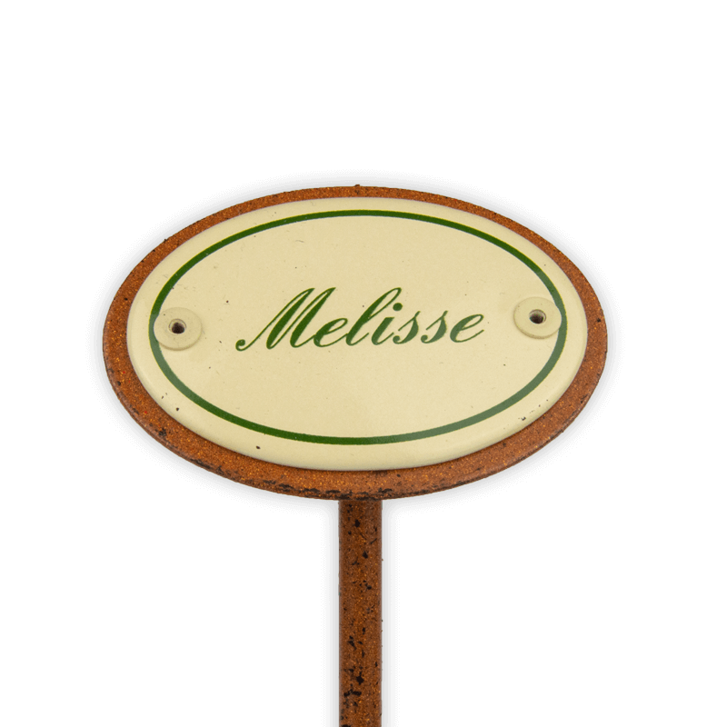 Oval enamel sign, 6 x 4 cm, herb names with ground spike 25 cm