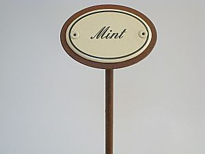 Oval enamel sign, 6 x 4 cm, English herb names with ground spike 25 cm