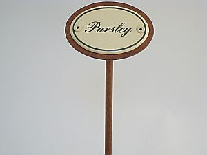 Oval enamel sign, 6 x 4 cm, English herb names with ground spike 25 cm