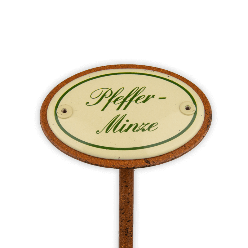 Oval enamel sign, 6 x 4 cm, herb names with ground spike 25 cm