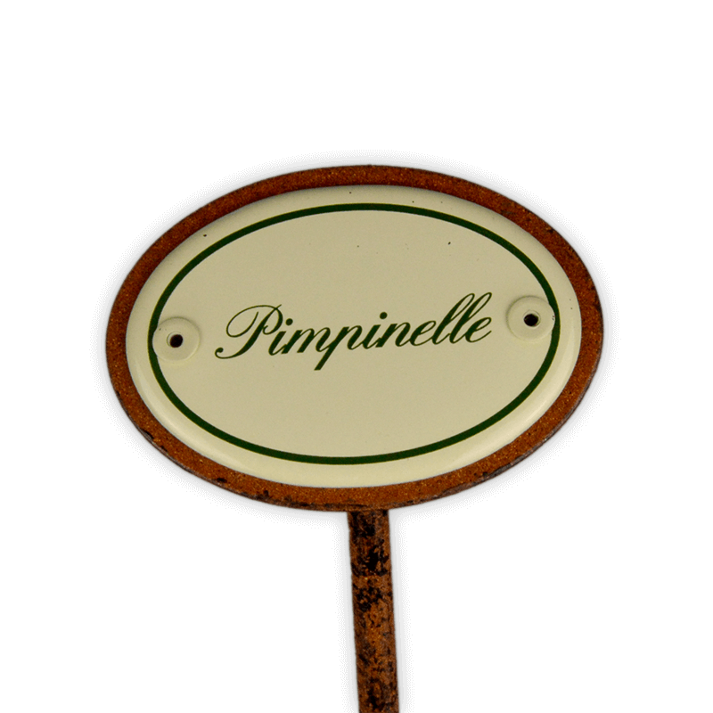 Oval enamel sign, 6 x 4 cm, herb names with ground spike 25 cm