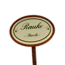 Emailschild oval, 6 x 4 cm, Kräuternamen mit Erdspieß 25 cm