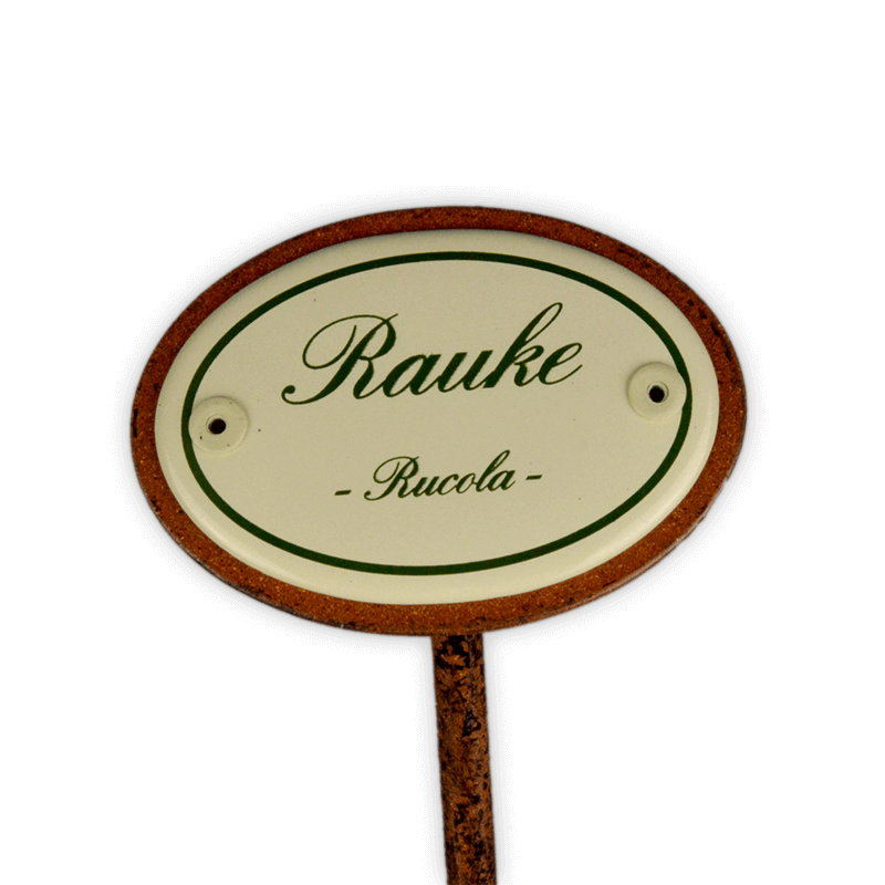 Oval enamel sign, 6 x 4 cm, herb names with ground spike 25 cm