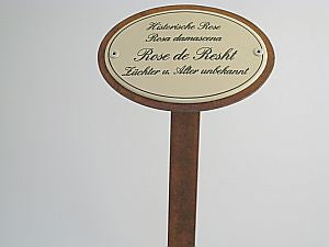 Enamel sign oval, 10.5 x 7 cm, historical roses with ground spike 50cm