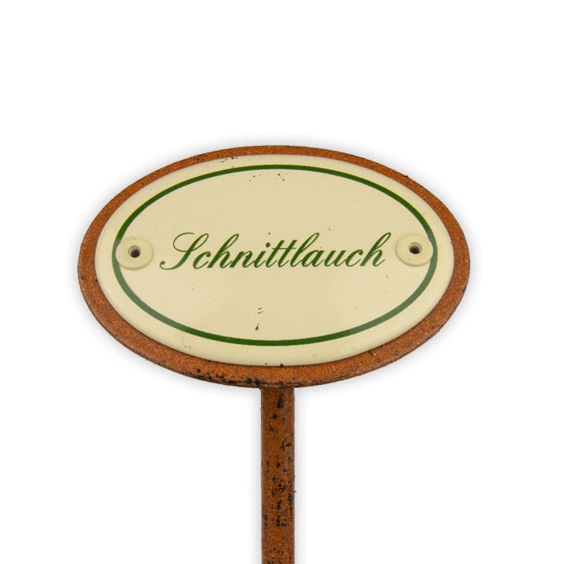 Emailschild oval, 6 x 4 cm, Kräuternamen mit Erdspieß 25 cm