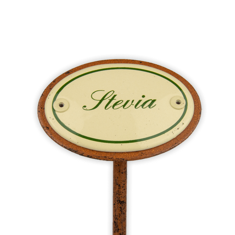 Oval enamel sign, 6 x 4 cm, herb names with ground spike 25 cm