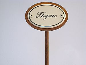 Oval enamel sign, 6 x 4 cm, English herb names with ground spike 25 cm